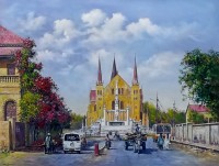 Hanif Shahzad, Saint Patrick's Cathedral, Saddar, Karachi, 27 x 36 Inch, Oil on Canvas, Landscape Painting, AC-HNS-112